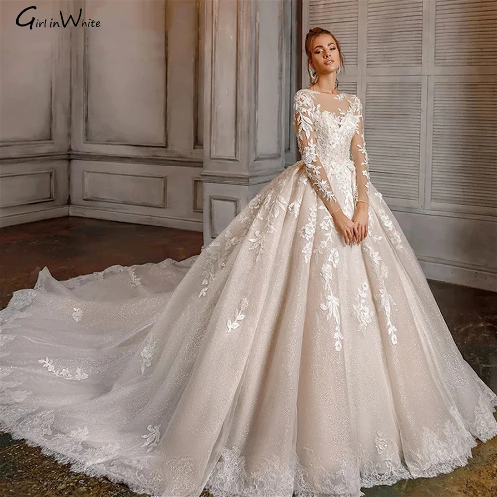 

Beaded Ball Gown Wedding Dress 2021 Classy Scoop Lace Appliques Flower Bride Long Sleeve Lace Up Shiny Princess Bridal Gown