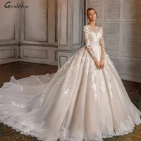 beaded ball gown wedding dress 2021 classy scoop lace appliques flower bride long sleeve lace up shiny princess bridal gown