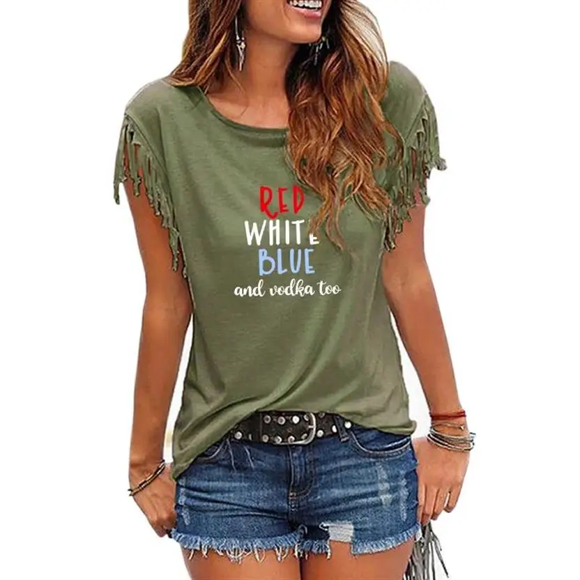 

2021 Summer Women Fashion Tassel T-Shirt Red White Blue And Vodka Too Letters Print Women Tops T-shirt Harajuku Plus Size Tees