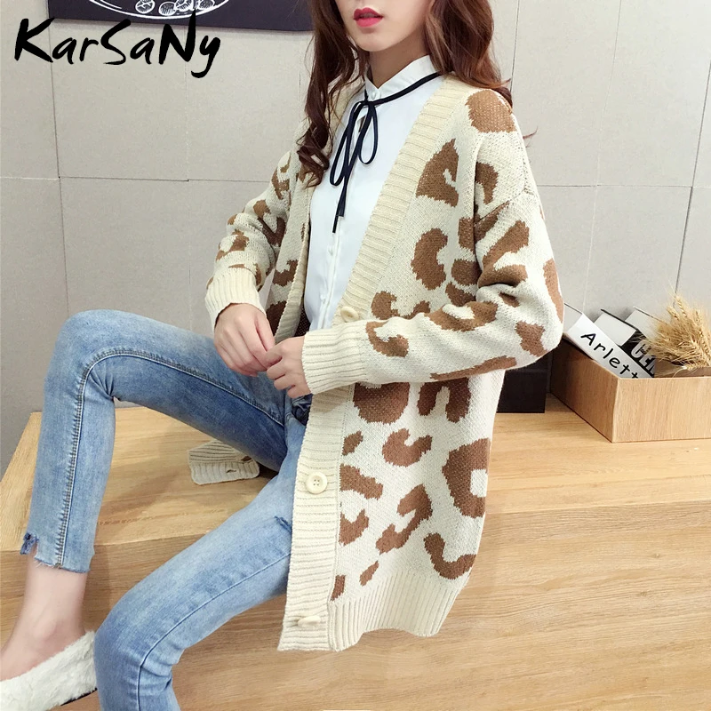 Autumn Leopard Cardigan Women Knitwear Button Yellow Long Print Sweater Knitted Blue Female Cardigans Top |