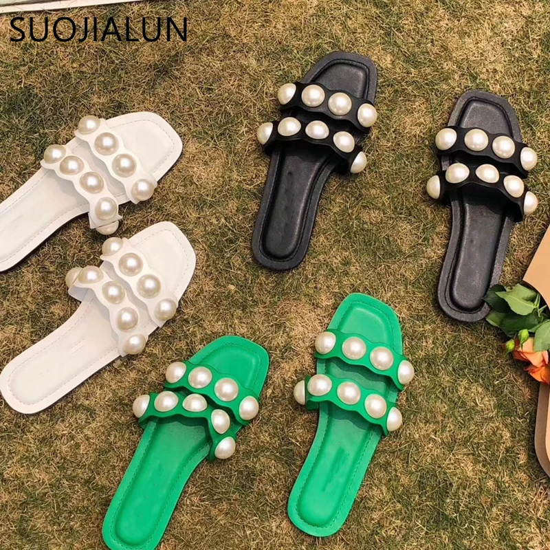SUOJIALUN тапочки на плоской подошве женские модные брендовые шлепанцы с жемчужинами