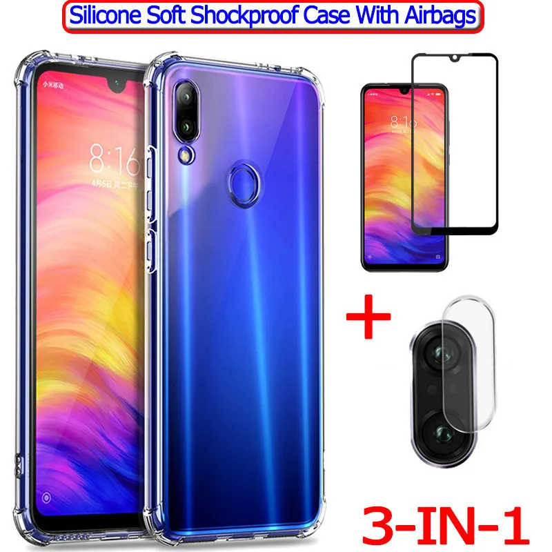 3 в 1 чехол + Стекло для Redmi Note 7 pro Чехол подушки безопасности мягкий ударопрочный