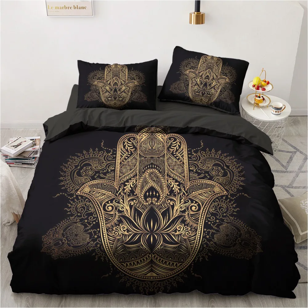 

3D Duvet Quilt Cover Set Bedding Sets Comforter Bed Linen Pillowcase King Queen Size Black Gold Design Printed 203x230cm