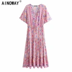 Женское винтажное платье с цветочным принтом, розовое пляжное платье макси из вискозы в богемном стиле, с V-образным вырезом, на пуговицах, с бахромой, в стиле бохо