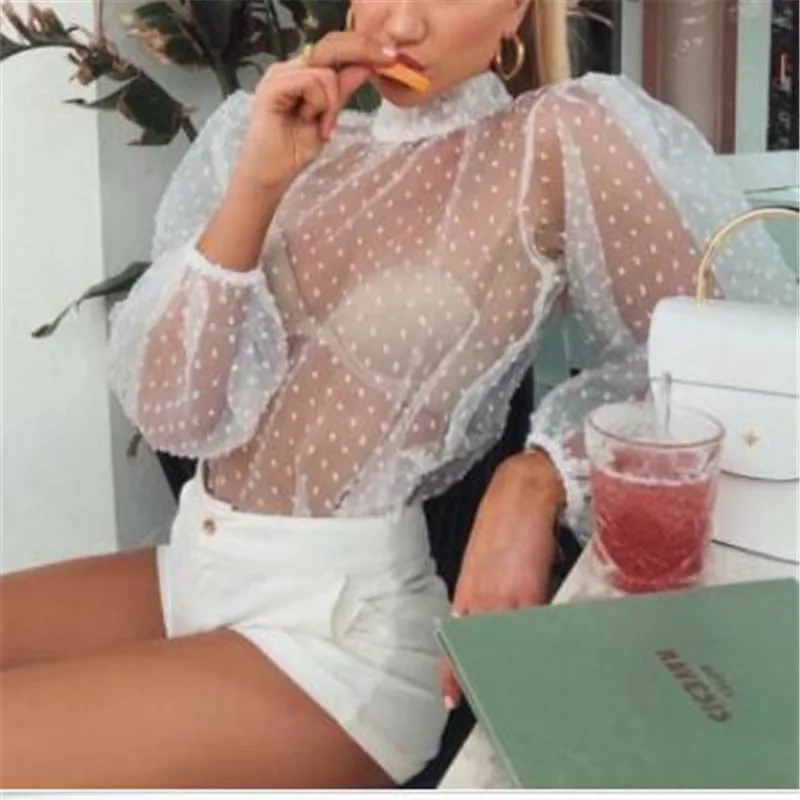 Прозрачные сетчатые свободные блузки новая мода прозрачные в горошек с пышными