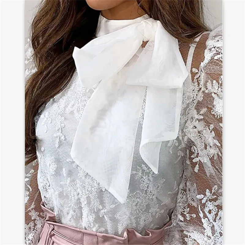 

Women's Crochet Sheer Mesh Long Puff Sleeve Shirt Tops Loose Casual Blouse US