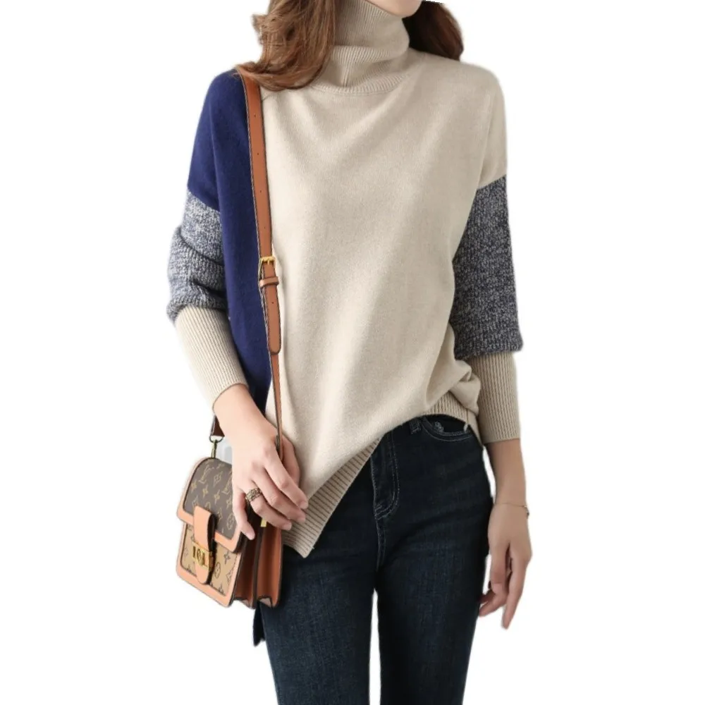 

Knit Sweater Women 2021 High Neck Stitching Pullover Lazy Angora Wool Long Sleeve Loose Outer Wear Turtleneck Tops