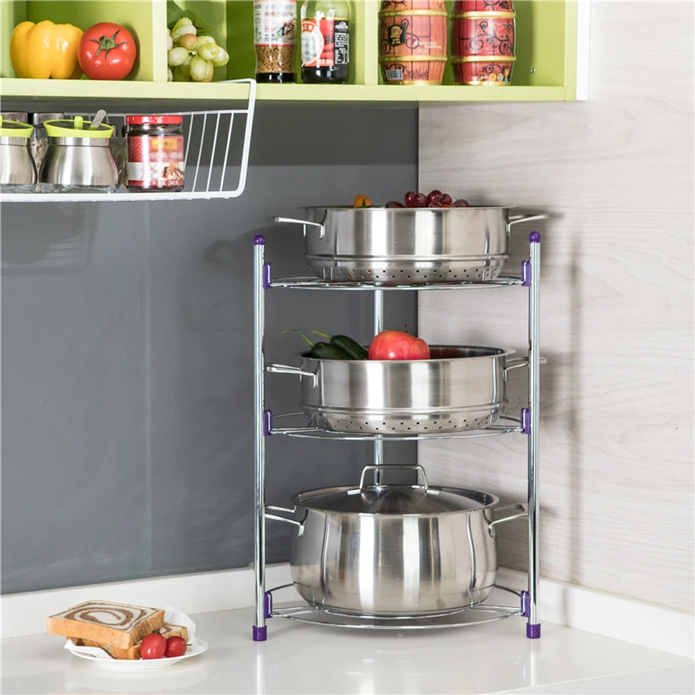 

New Kitchen Pan Organizer Pot Rack Lid Holder Cookware Holder Crock Pot Shelf Chrome-Plated 3 Tier Round Shelf Storage Pot Rack