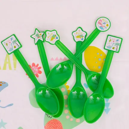 spoon 12pcs Мотив динозавра праздничный набор столовой посуды Одноразовая бумажная тарелка скатерть торт Топпер с первого дня рождения товары для мальчиков - Цвет: spoon 12pcs