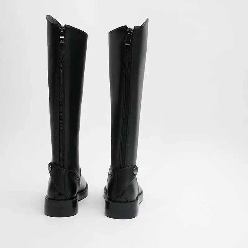 Krazing pot/простые однотонные рыцарские сапоги из натуральной кожи; модные зимние женские сапоги до бедра с круглым носком на среднем каблуке, на молнии, сохраняющие тепло; L37