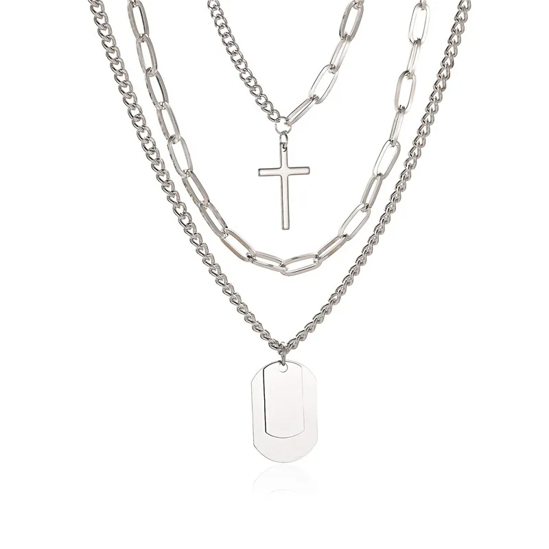 

QW Stylish multi-layered sweater chain punk wind exaggerated cross necklace hip-hop three-piece set necklace.