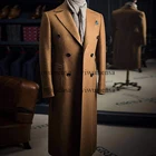 Мужская твидовая куртка, коричневая шерстяная Толстая темно-синяя двубортная куртка, длинное официальное пальто для делового костюма, смокинг