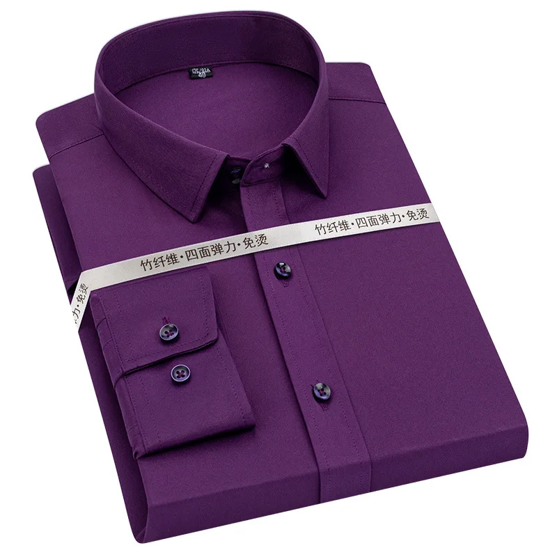 2021 new solid color elastic non-iron professional wear anti-wrinkle men's tooling bamboo fiber shirt men's long-sleeved shirt