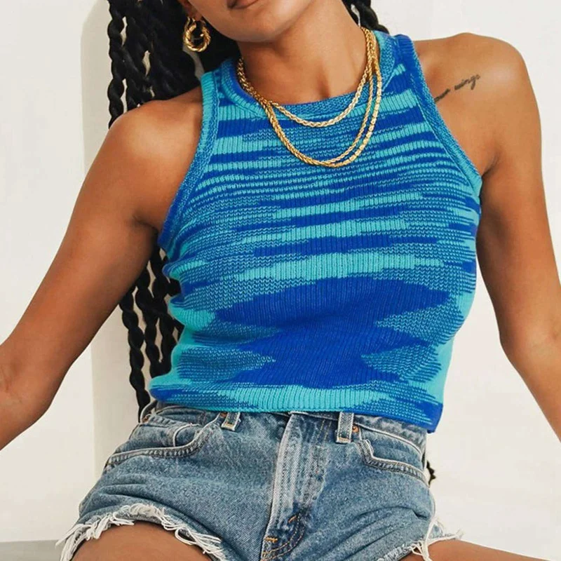 

Women Pullover Sweater Vest Tie Dye Knitted Cropped Tank Tops Women Sleeveless Round Neck Vest T Shirt Summer Streetwear Shirts