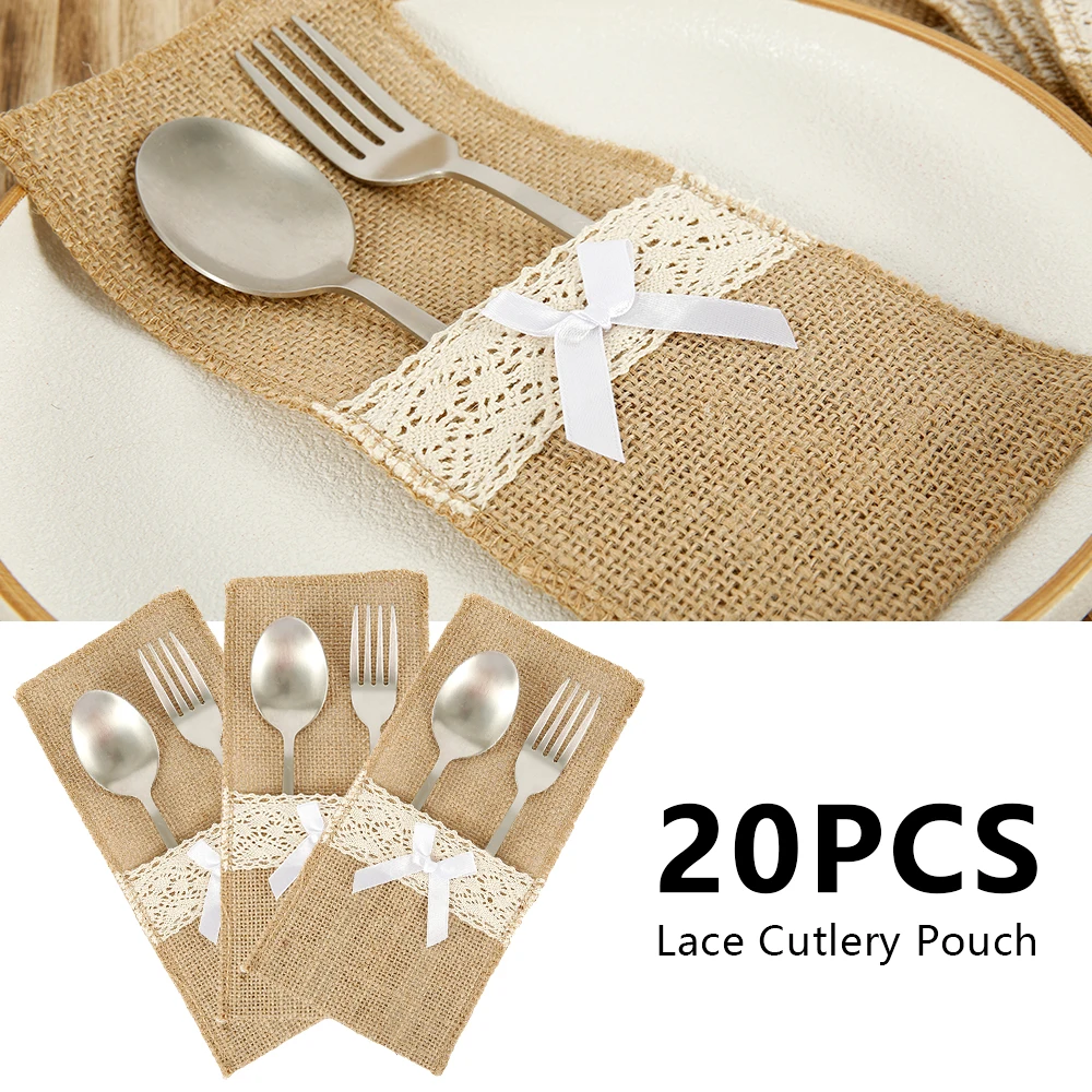 

20Pcs Burlap Lace Cutlery Pouch Rustic Wedding Tableware Knife Fork Holder Bag Hessian Jute Table Decoration Accessories