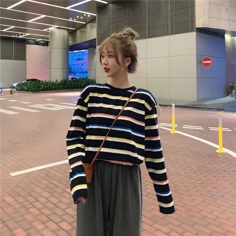 Радужная футболка для женщин в полоску Kawaii одежда Harajuku корейский Стиль Уличная Эстетическая с длинным рукавом Осень Roupas Feminina О образным вырезом