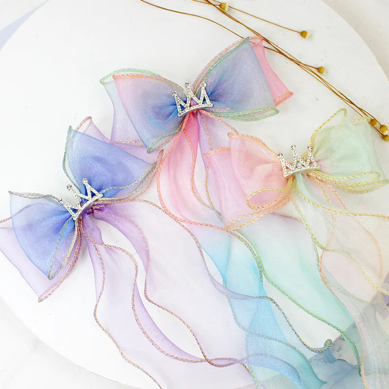 Horquilla con adorno de lazo para ni&ntilde;a, horquilla con doble gradiente, corona, Clip de pico de pato, pasadores adorables y dulces, accesorios para el cabello para beb&eacute;-0