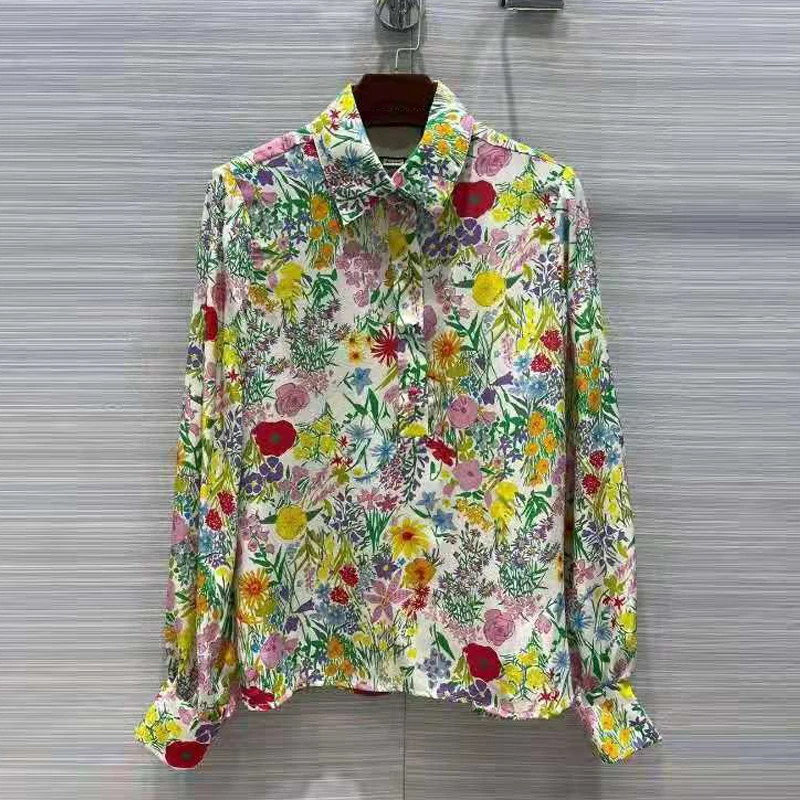 

designer fashion 100% silk women shirt high quality spring summer label colorful flower print elegant office ladies blouse