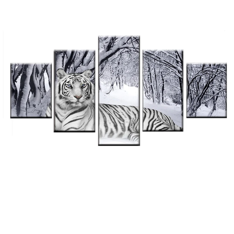 

HD Print 5 Panel Snow Forest White Tiger Animal Picture Poster Canvas Living Room Wall Art Modular Home Decor