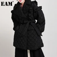 eam ruffles black bandage cotton padded coat long sleeve loose fit women parkas fashion tide new autumn winter 2021 1dd2161