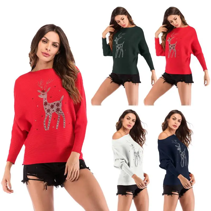 

Autumn Bat Long Sleeve Knitted Sweaters Women 2020 Fashion O Neck Ladies Christmas Reindeer Pullover Casual Slim Winter Sweaters