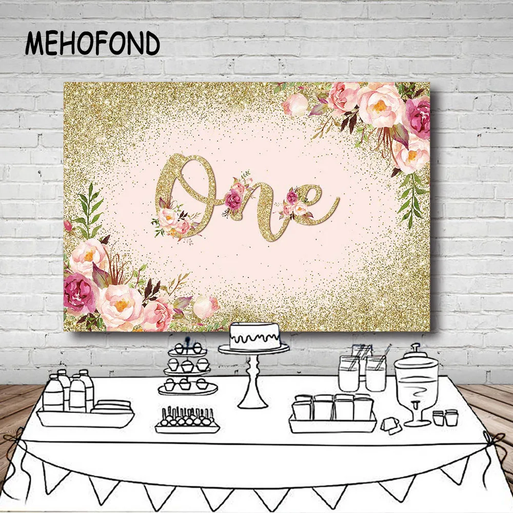 

Happy Birthday Backdrop Pink Princess Balloon Flower Gold Glitter Party Photography Background Photographic For Photo Studio
