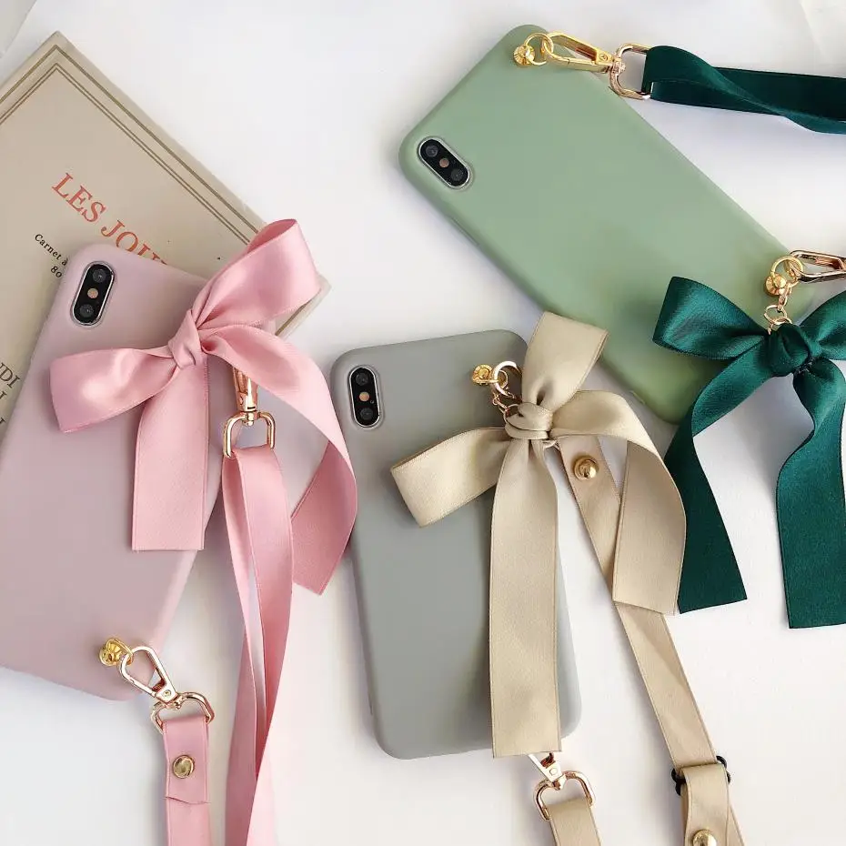 

Candy Bow Lanyard Phone Cover Case For Iphone 12 mini 11 pro X Xs Max Xr 10 8 7 6 6s Plus Luxury Soft Silicone Coque Fundas
