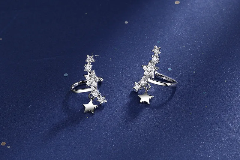 

925 Sterling Silver Crystal Star Clip Earrings for Women Brincos Christmas Wedding Jewelry pendientes eh1340
