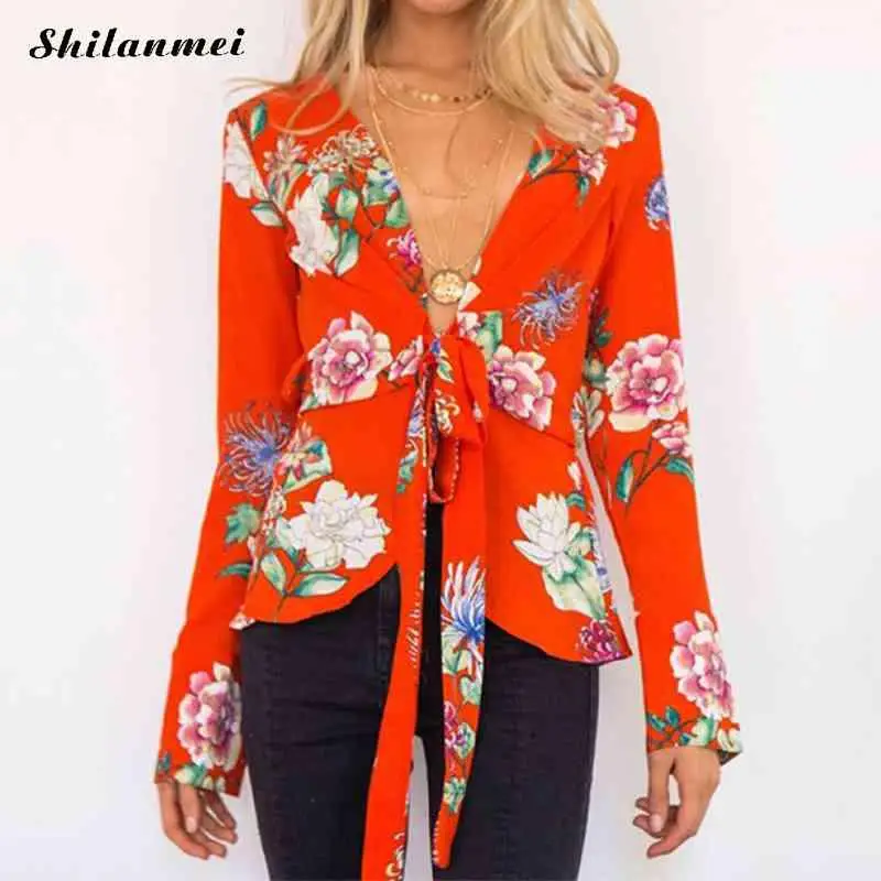 Красные Цветочные Блузки Рубашки женские 2019 осенние модные блузки с длинными