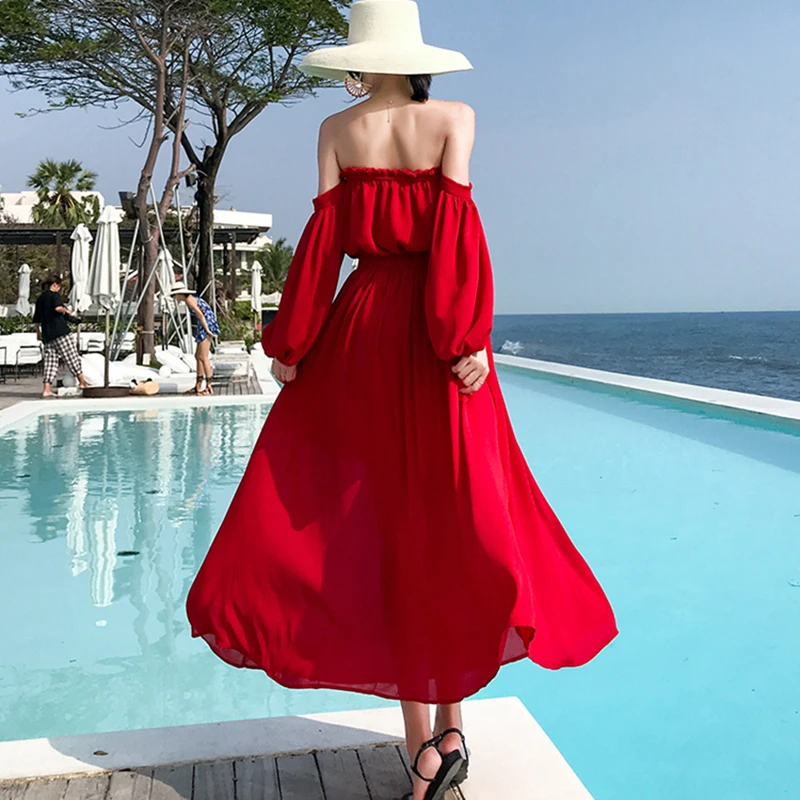 Женское длинное пляжное платье с лямкой на шее летнее Элегантное повседневное в