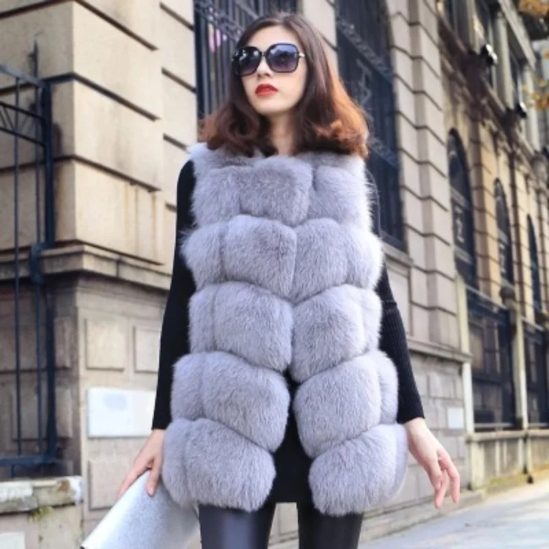 

2023 Winter Woman Faux Fur Vest Female Fake Fox Fur Mid-length Vests Ladies Furry Slim Sleeveless Waistcoat 4XL Q292