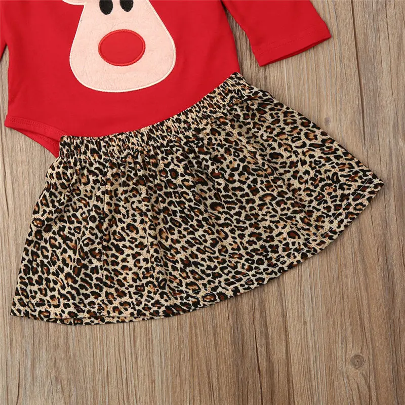 Christmas Reindeer Outfit Baby Girls Clothes Set Infant Long Sleeve Clothing Cotton Bodysuit+Leopard Skirt Newborn Toddler Kids | Детская