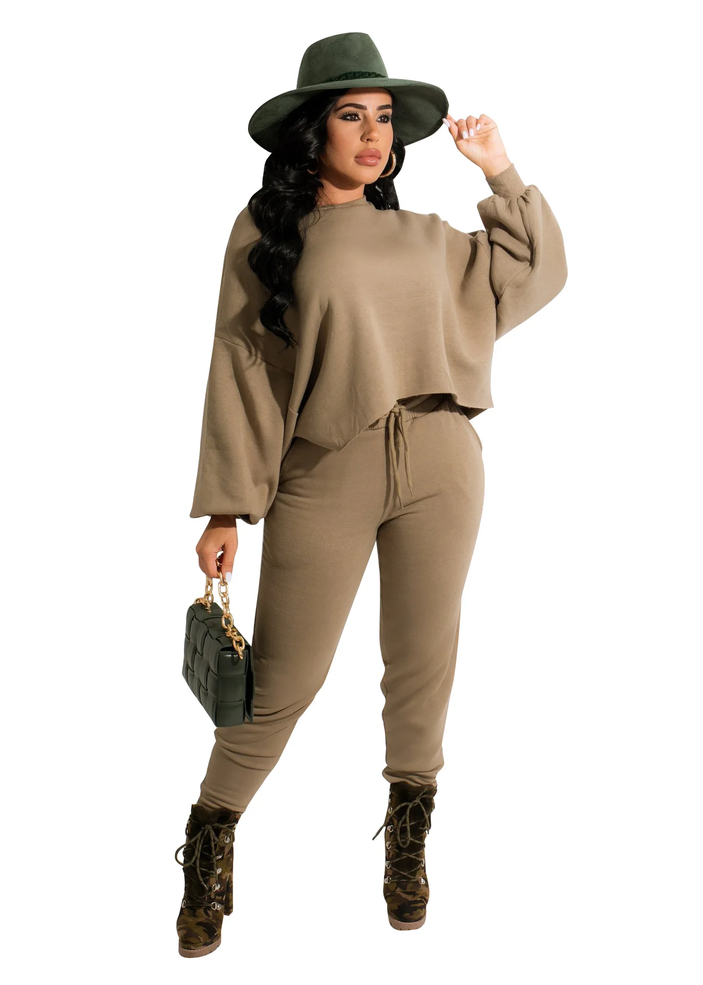 

Casaul Women Two Piece Set Puff Sleeve Loose Shirt And Drawstring Shirt Winter Tracksuit Two Piece Set Clothes For Women Outfit