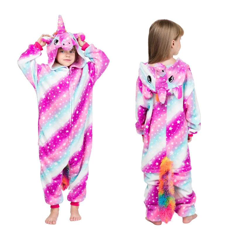 Flannel animal Children Pajamas Set Winter Hooded Animal Unicorn Cartoon Kids For Boys Girls Sleepwear Onesies | Мать и ребенок