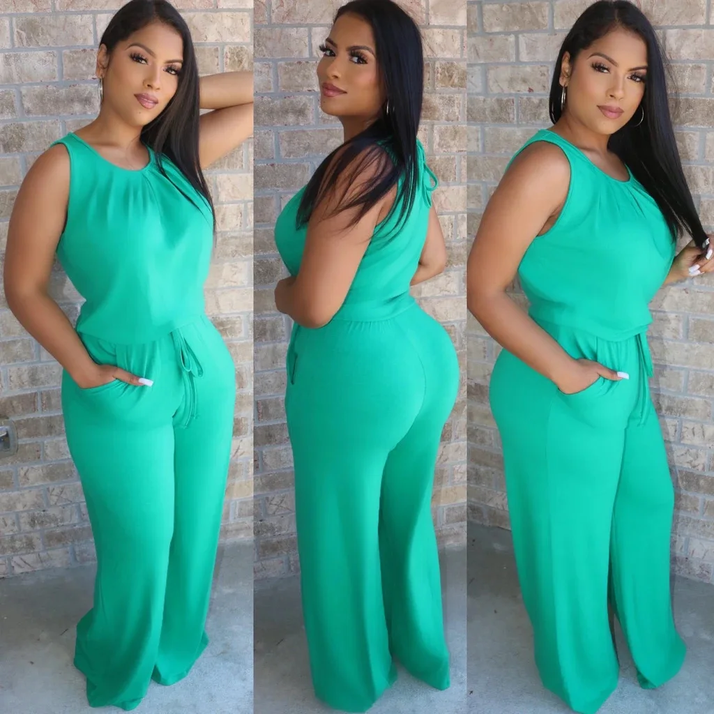 

2021 Sexy O Neck Lace Up Jumpsuit Summer Short Sleeve Loose Playsuit Overalls Women Elegant Pocket Rompers Casual Solid Color