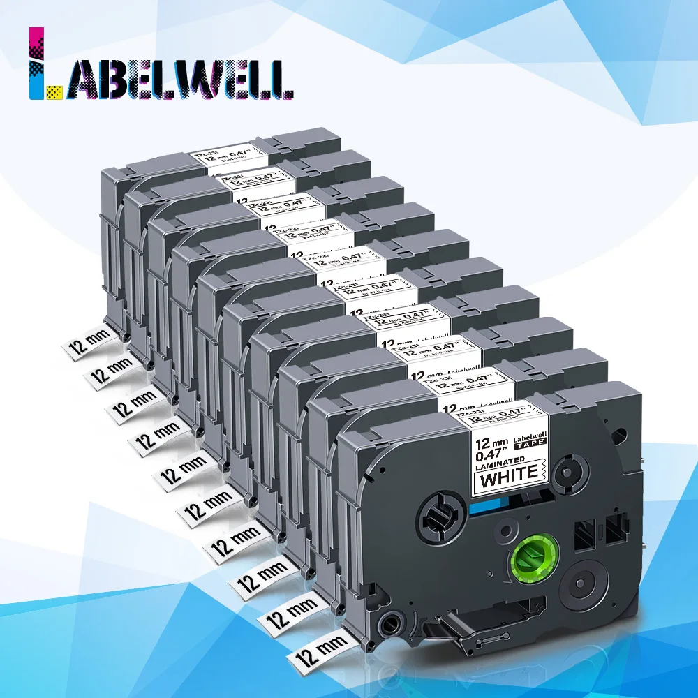 Labelwell-cinta laminada Compatible con 231, 131, 6/9/12mm, negra sobre blanca, 431, 531, 631, 131, 221, 211, cinta para impresora, 10 piezas