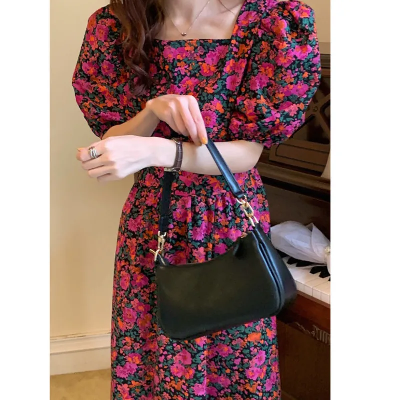 

Summer Dress Women Korean Chic Slim Square Neck Bandage High Waist Maxi Bubble Sleeve Floral Dress Elegant Casual Party Dress
