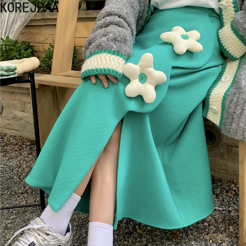 

Korejpaa Sweet 3D Floral Skirts Women Irregular Split Patchwork Bottoms Korean Fashion 2021 Autumn Casual High Waist Skirt New