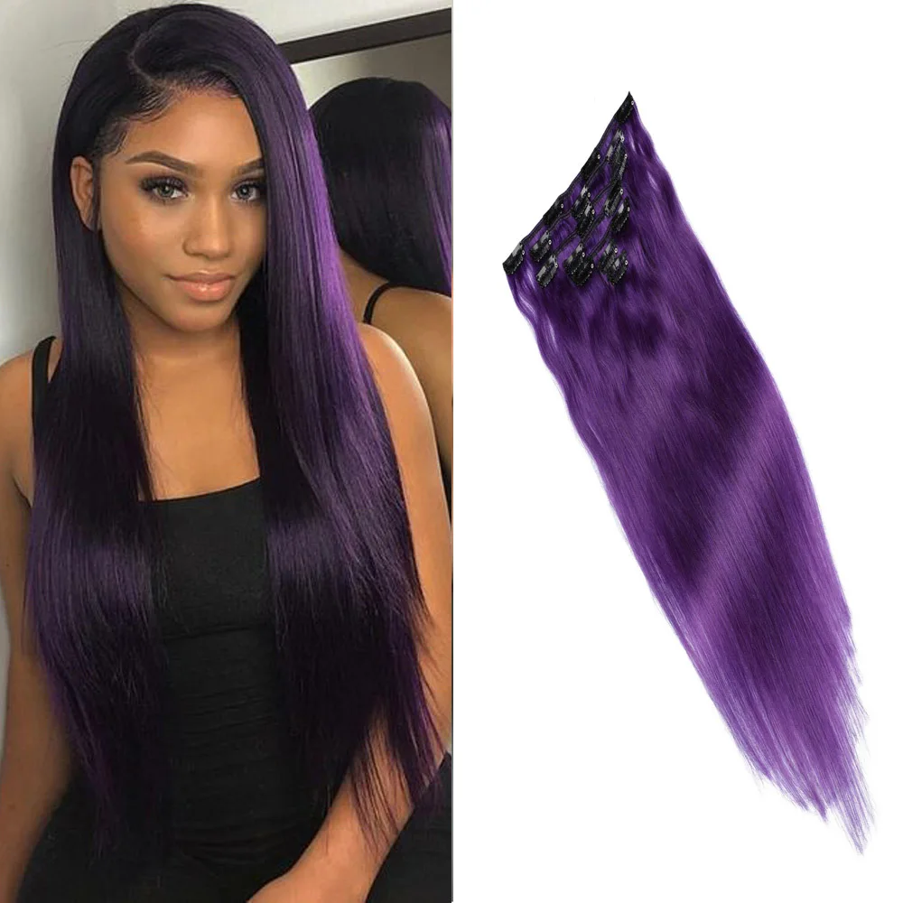 Hair Brazilian Remy Straight Hair Clip In Human Hair Extensions Colored Purple Pink Blue Red 7P/Set Full Head Sets Ship Free