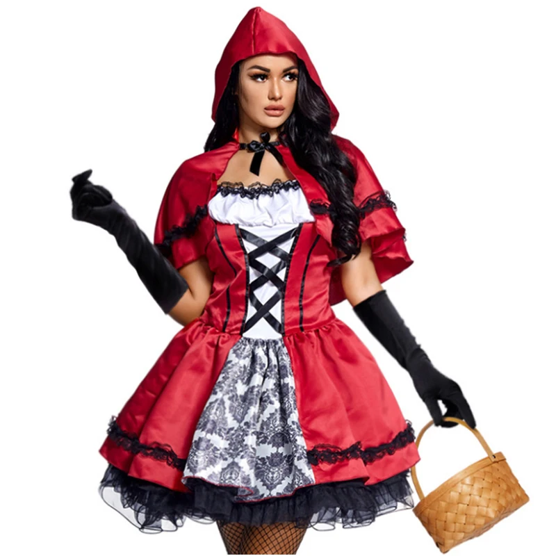 Plus Size Carnival Halloween Lady Little Red Riding Hood Costume Classic Vintage Clubwear Play Suit Cosplay Fancy Party Dress