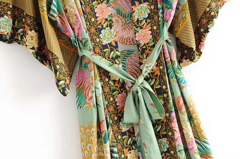 

Boho women peacock floral print bat sleeve beach Bohemian Kimono robe Ladies V neck Tassel Summer dress vestidos
