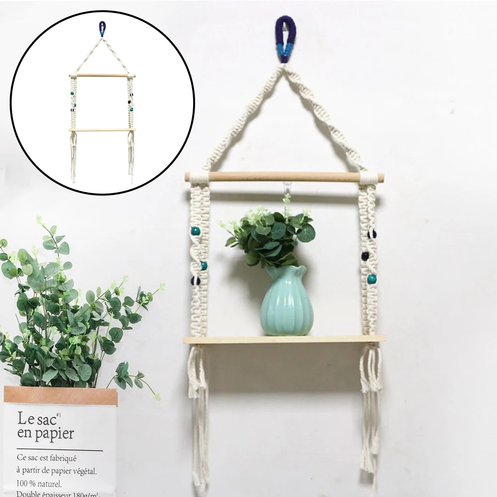 

Boho Стиль гобелен Полка на сотканные обои подвесной, в технике макраме стеллаж для выставки товаров веревочки держатель Декор