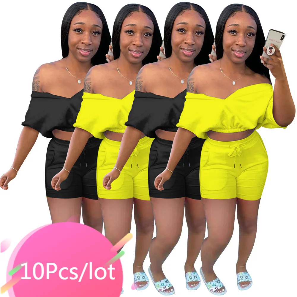 

Bulk Items Wholesale Lots Summer Two Piece Outfits Off Shoulder Short Sleeve Crop Tops and Shorts Set Casual 2 Piece Streetwear