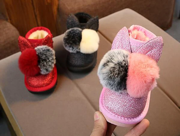 

Little Girls Boots Bunny Pom Poms Glitter Ankle Boot Faux Fur Pink Red Black Animal Boots 2019 New Warm Snow Boots SandQ Baby