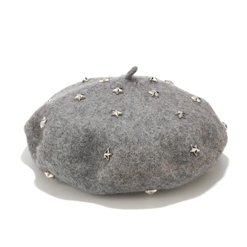 Women Girl Star Rivet Wool Beret American European Style Cool Winter Cap Solid Color Beret Painting Artist Hat