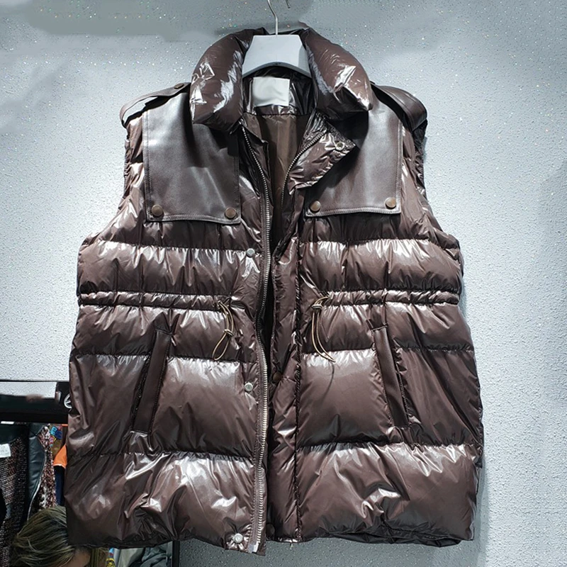 

SeeBeautiful PU Patchwork Loose Thick Vest Lapel Sleeveless Zipper Waist Feather Simple New Fashion Spring 2021 Women M198