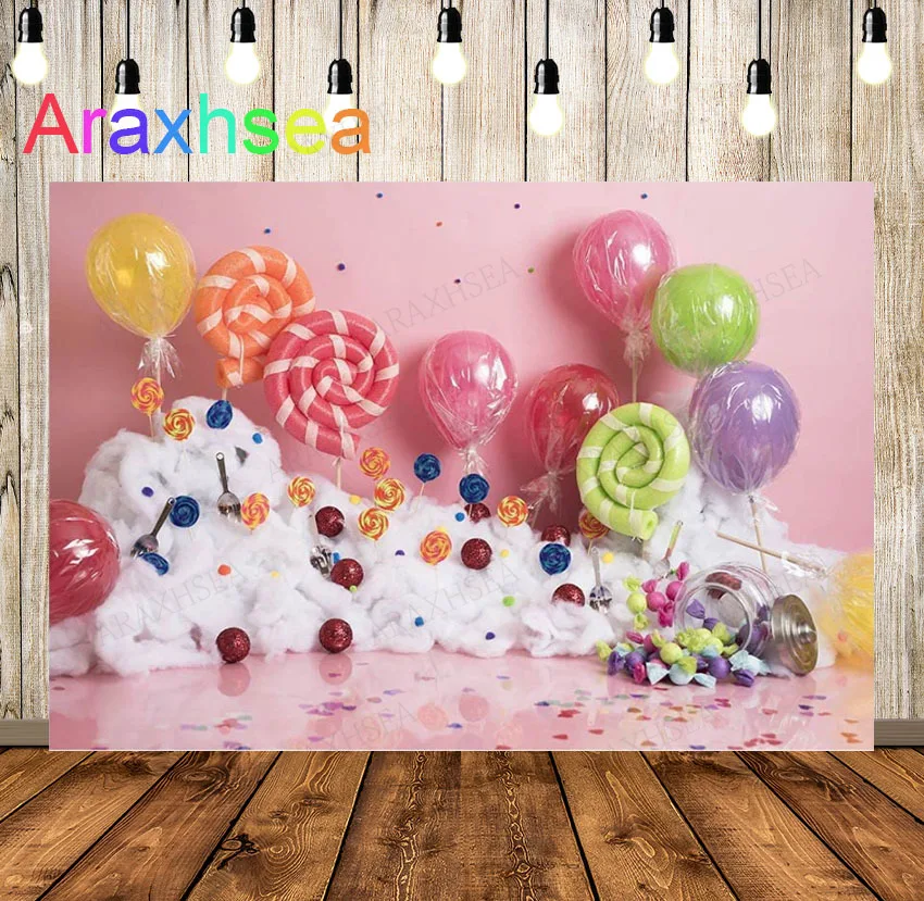 Розовый фон для фотосъемки с изображением торта кандиленда девочек на 1-й День