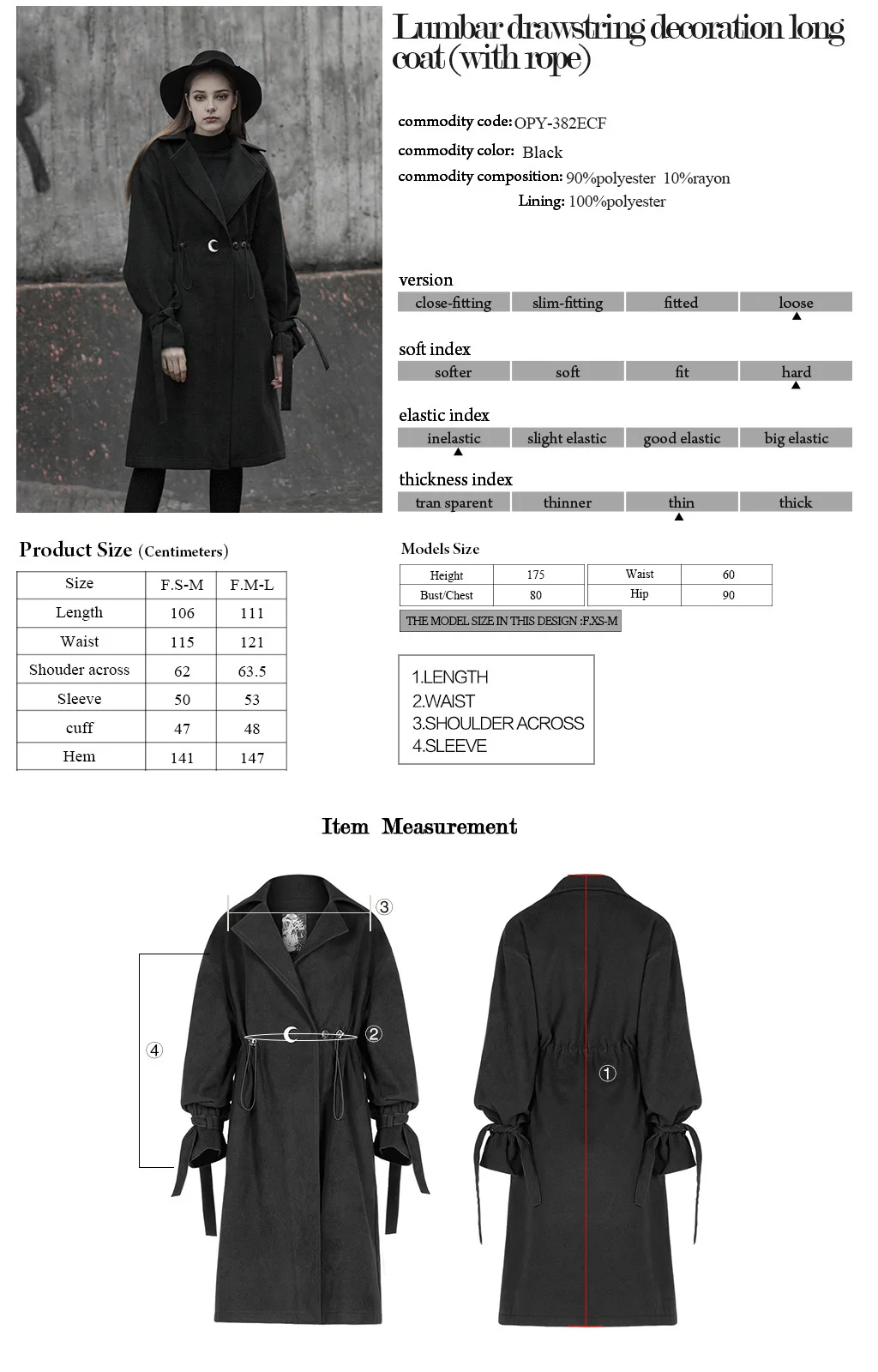 

Fashion Embroidery Loose Warm Long Jacket Gothic Women Lumbar Drawstring Decoration Coat with Rope Moon PUNK RAVE OPY-382ECF