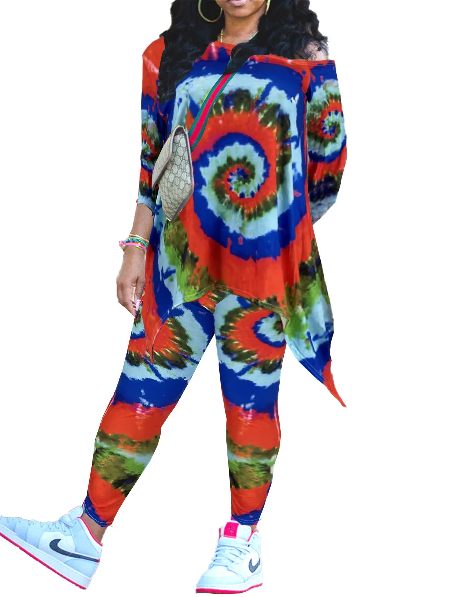 

Trendy Chic Tie Dye Tracksuit Two Piece Outfits Long Sleeve Loose T-Shirt Top Female High Waist Pants Casual Homewear Streetwear