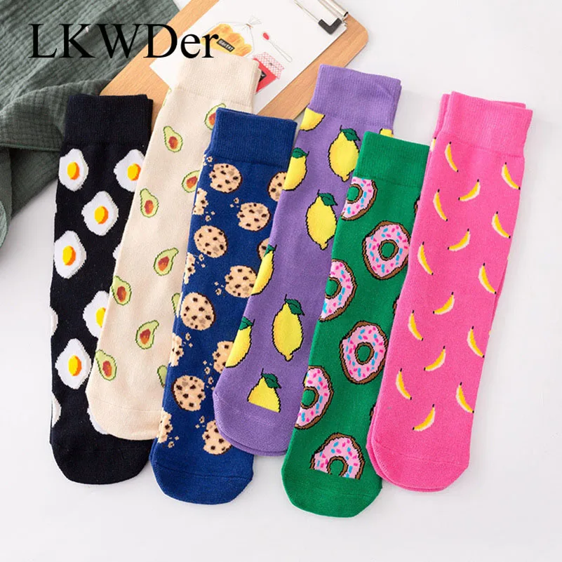 

LKWDer 6 Pairs/lot Womens Socks Funny Cute Cartoon Fruits Banana Egg Food Japanese Kawaii Happy Socks Women Cotton Socks Meias